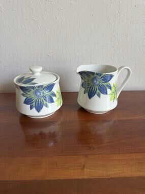 Japan Fine China Blue Dahlia Creamer and Sugar Vintage Estate Blue Green Floral